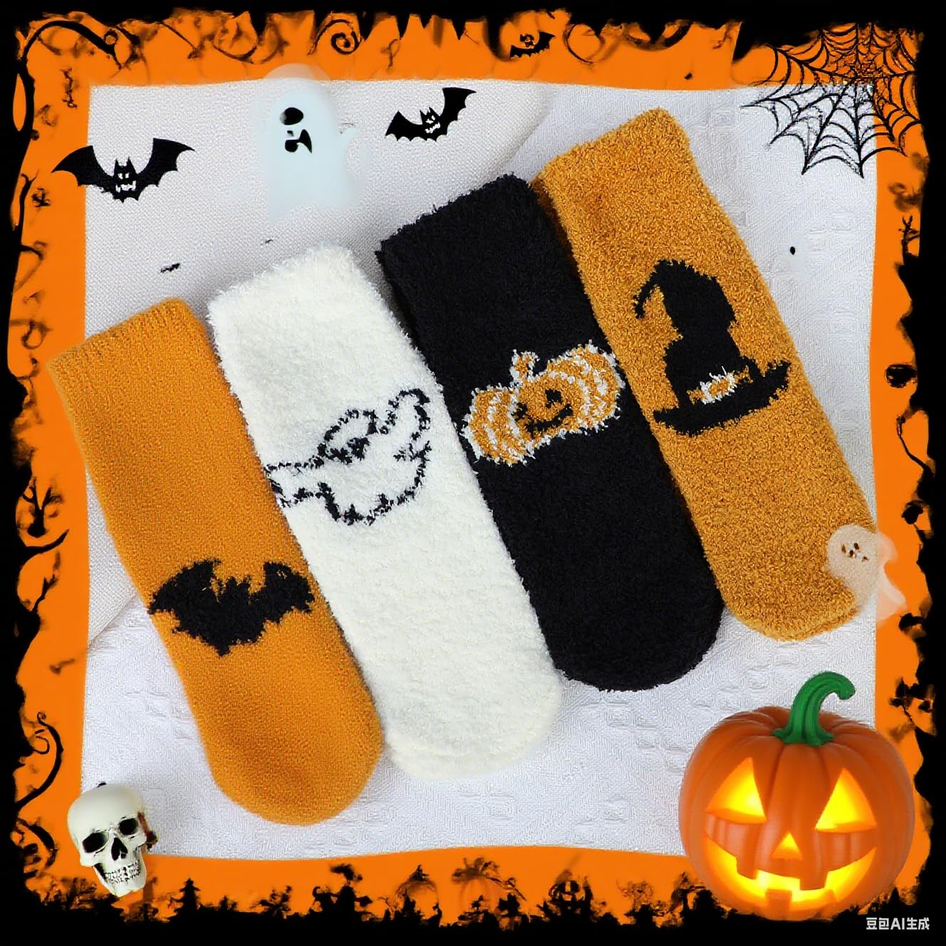 Zando Women's Fuzzy Halloween Socks - Soft, Warm, Non-Slip, Elastic, Cozy, Fluffy Socks With Ghost Print