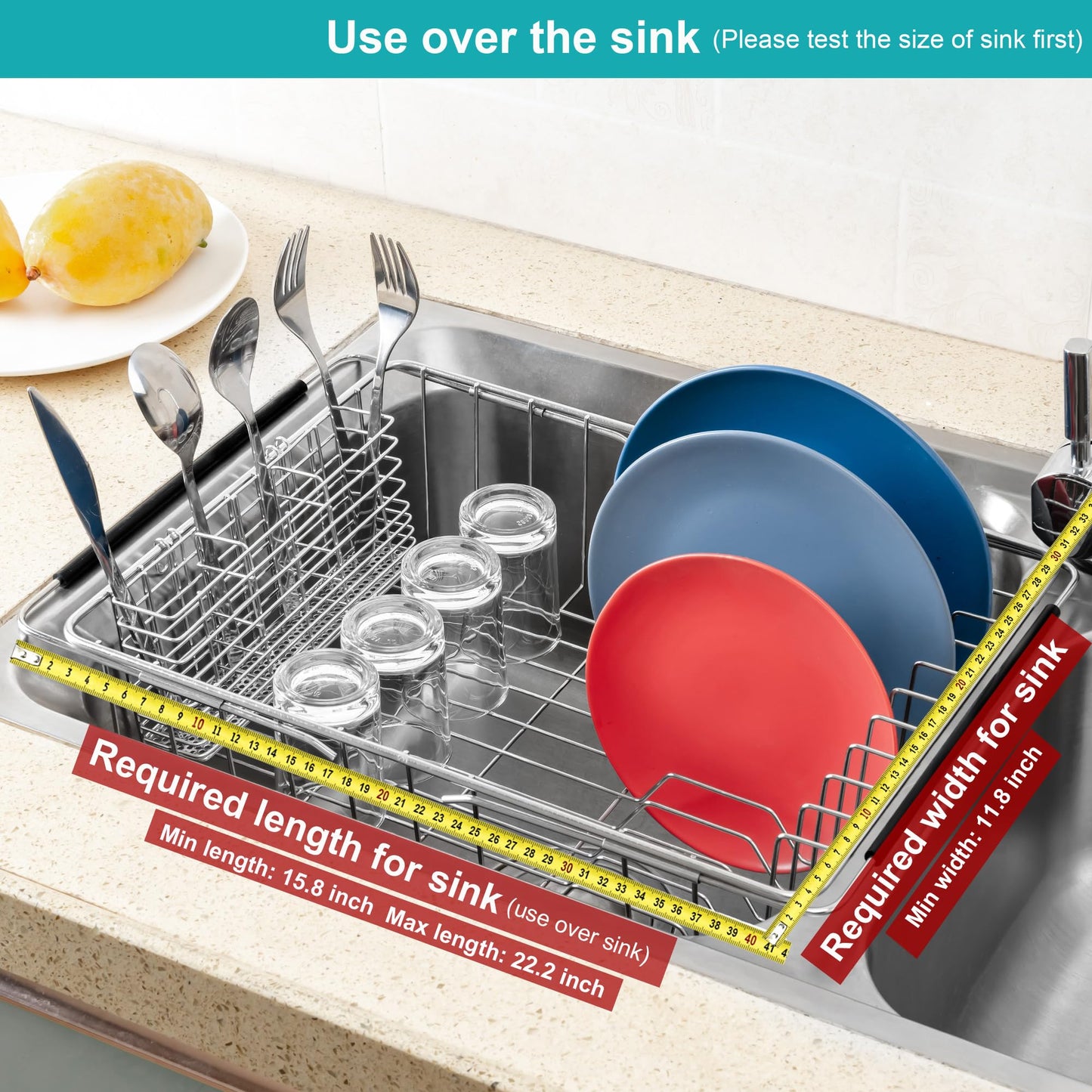 iPEGTOP Expandable Multifunctional Dish Drying Rack, Rustproof Stainless Over Sink Dish Drainer Rack Basket Shelf, Dish Drainer in Sink or On Counter Organizer with Utensil Cutlery Holder