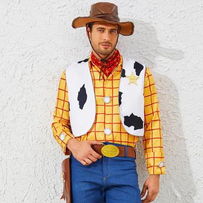 Woody Shirt Cowboy Vest Bandana Sheriff Badge Set Men's Halloween Cosplay Costume Kit Accessory XL