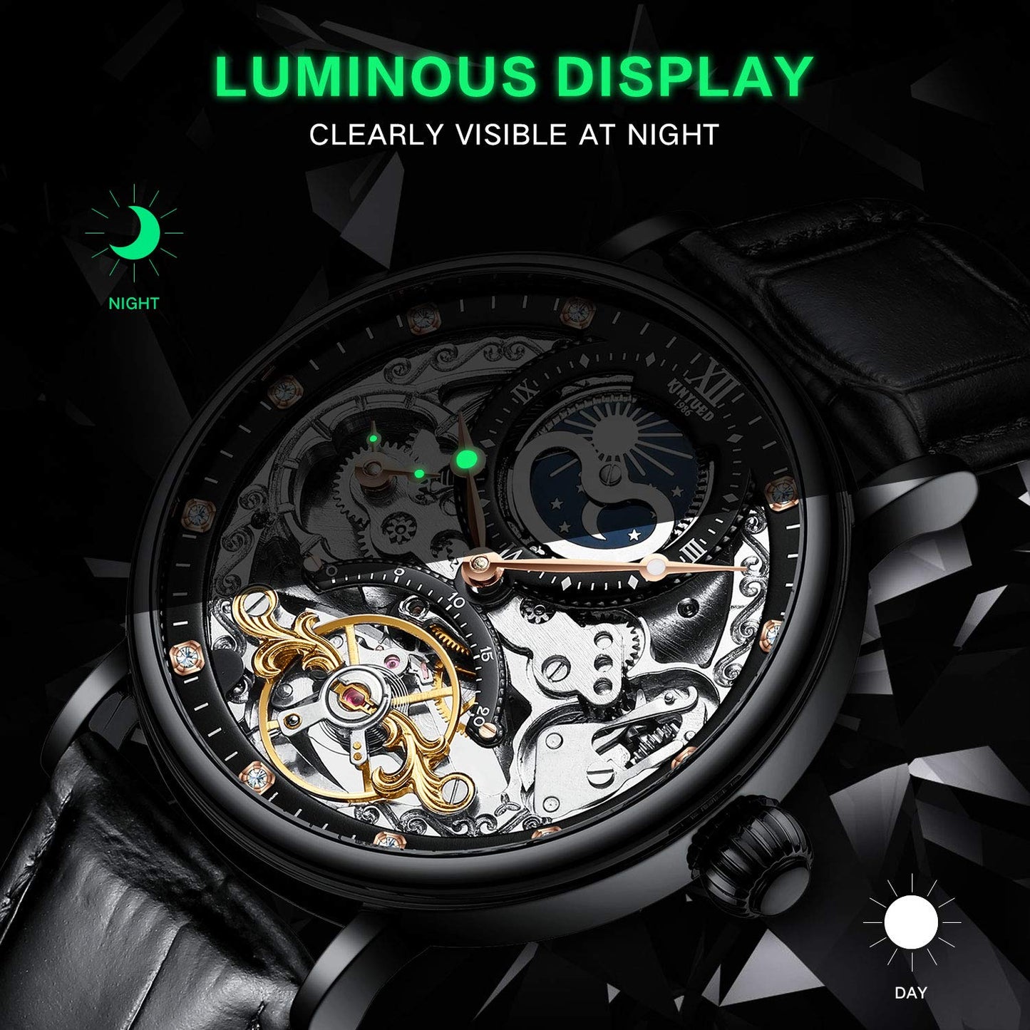 IK COLOURING Mens Luxury Skeleton Automatic Mechanical Wrist Watches Leather Moon Phrase Luminous Hands Self-Wind Watch