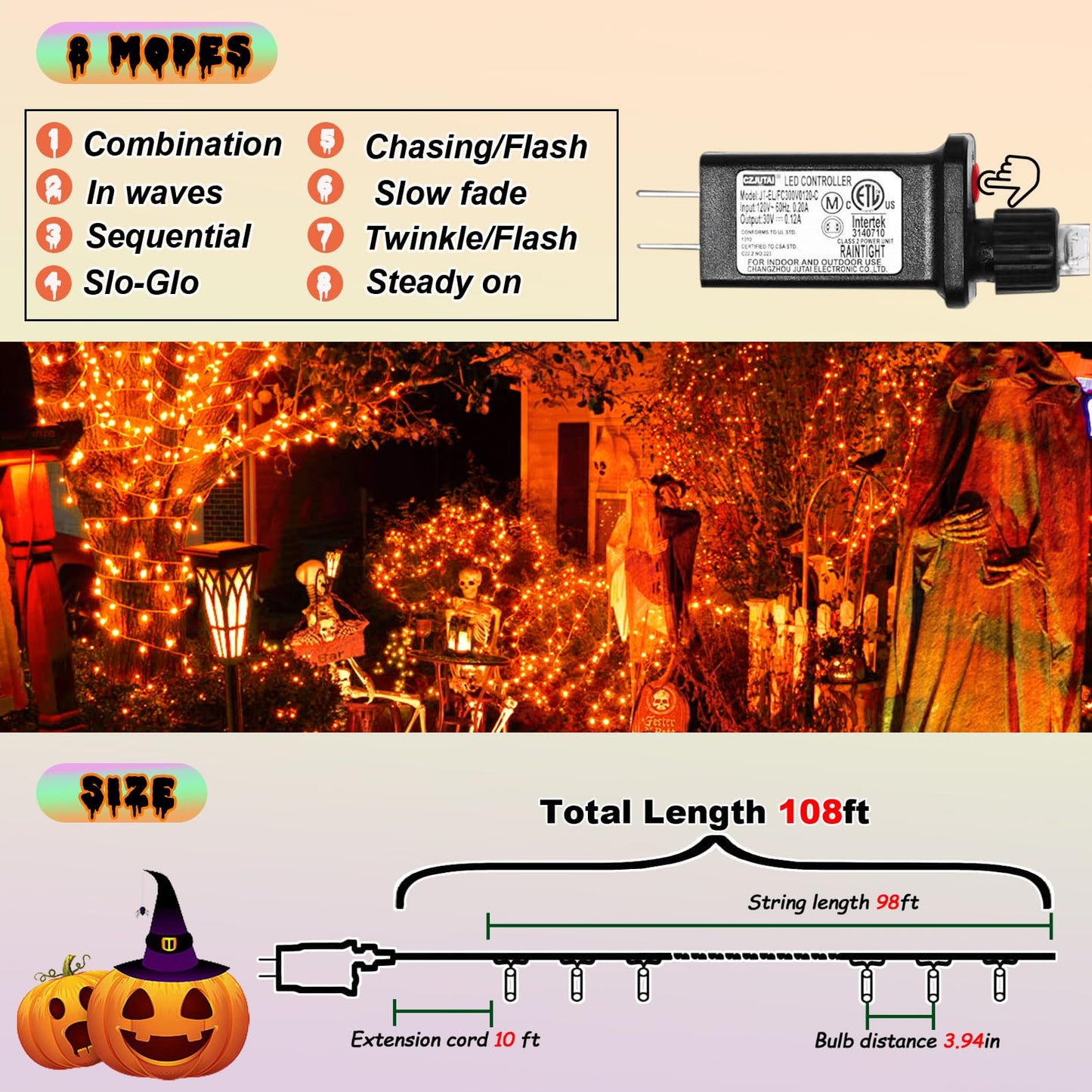 ILLUMINEW 300 Led Orange String Lights Outdoor Halloween Decorations, 108 Ft Thanksgiving Decor Lights 8 Modes Fairy Lights for Bedroom Yard Room Decor