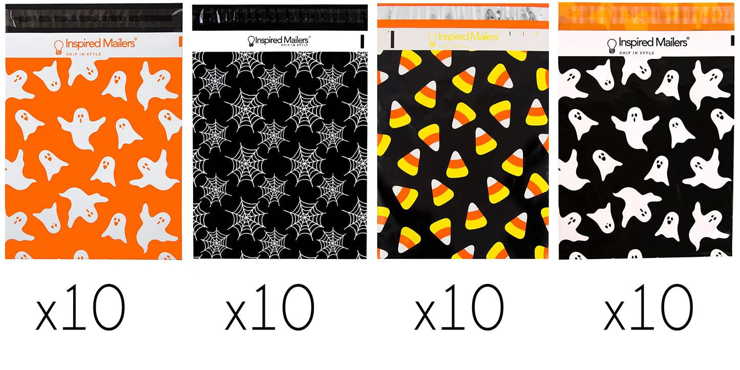 Inspired Mailers - Halloween Poly Mailers 10x13 Variety Pack of 40-10 each: Candy Corn, Ghosts, Orange Ghosts, Spiderwebs - Shipping Envelopes (10x13, 40 Pack)