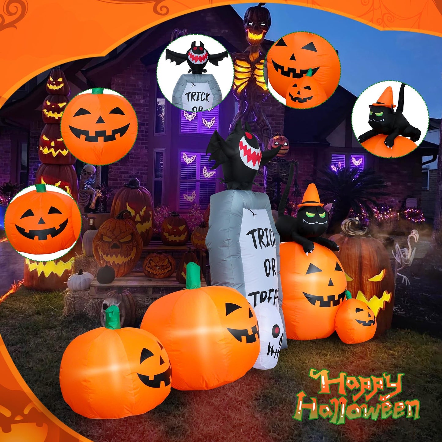 YOUBEMAGIC 7FT Long Halloween Inflatable Pumpkin Patch with Tombstone & Black Cat & Bat, Blow up Halloween Inflatable with Build-in LED Lights Outdoor Decorations Large Party Yard Decoration