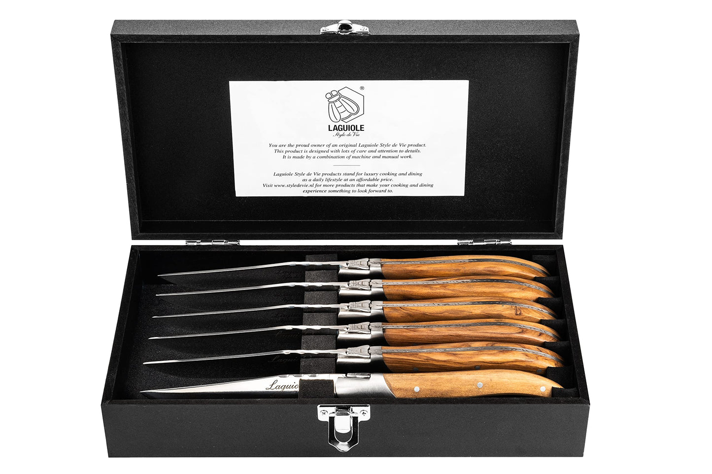 Laguiole Style de Vie Steak Knives, Luxury Line, 6 pieces, Olive Wood, in giftbox