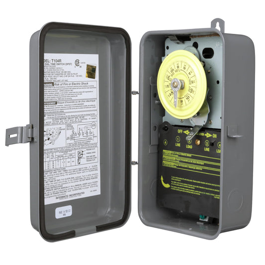 Intermatic T104R 24 Hour Mechanical Timer Switch - 208–277 VAC, DPST, Type 3R Indoor/Outdoor Metal Enclosure, Heavy-Duty, Manual Override, 40 Amp – Ideal for Lights, Pumps, Fans, and HVAC Systems