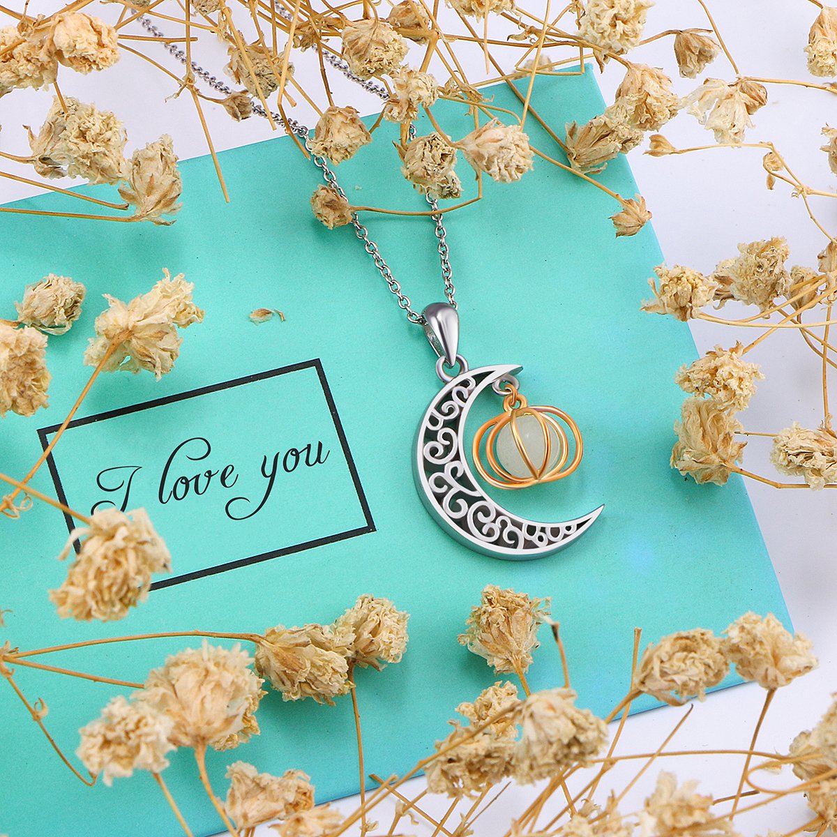 Ladytree Halloween Jewelry 925 Sterling Silver Moon and Pumpkin Luminous Beads Glow Pendant Necklace, 18 inches