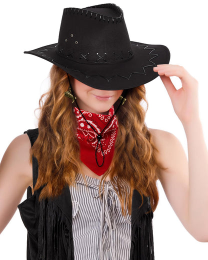 Xtinmee 4 Pcs Halloween Western Cowgirl Outfits Set Women Tassel Vest Cowboy Hat Dangle Drop Earring Paisley Bandana Dress up(Small,Black)