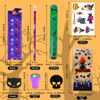 192 Pcs 24 Pack Assorted Halloween Stationery, Party Favors for Kids, Goodie Bags Stuffers Set Including Pencils, Rulers, Stamps and Erasers in Trick or Treat Bags
