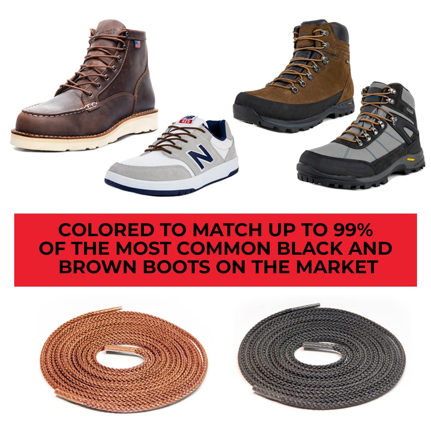 IRONLACE Unbreakable Round Bootlaces - Indestructible, Waterproof & Fire Resistant Boot & Shoe Laces, 1500-Pound Breaking Strength/Pair, Black, 54-Inch, 3.2mm Diameter, 1-Pair