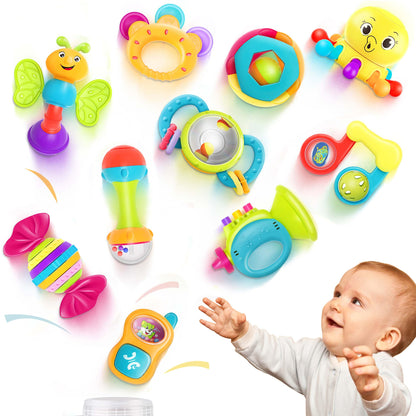 iPlay, iLearn 10pcs Baby Rattles Toys Set, Infant Grab Shake Rattle, Easy Hold Sensory Teether, Babies Development Learning Music Toy, Newborn Shower Birthday Gift 1 2 3 4 5 6 7 9 10 12 Month Boy Girl