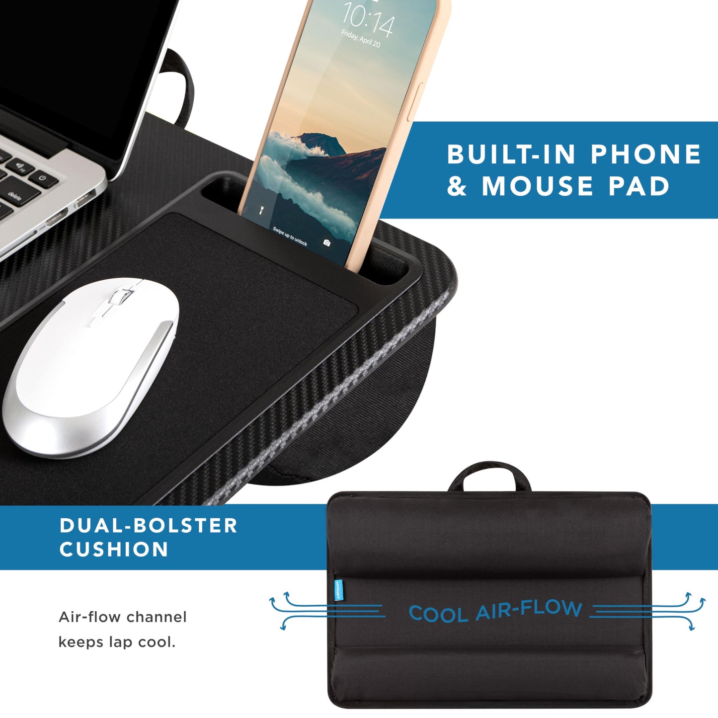 LAPGEAR Home Office Pro Lap Desk with Wrist Rest, Mouse Pad, and Phone Holder - Black Carbon - Fits up to 15.6 Inch Laptops - Style No. 91598