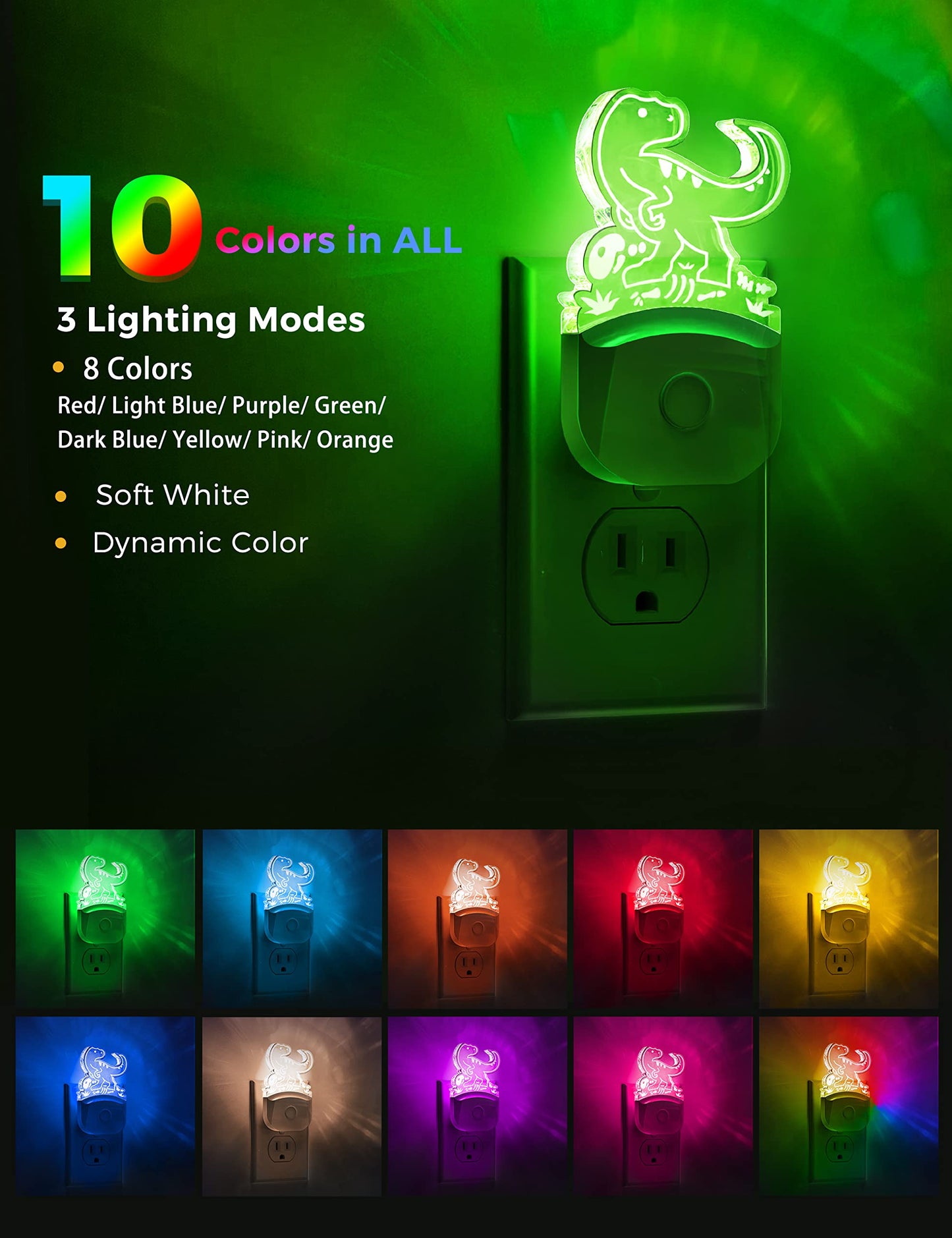 LOHAS Dinosaur Night Light for Boys, Kids Nightlight Plug in, Dusk-to-Dawn, Velociraptor LED Night Lights Plug into Wall, RGB+Soft White 3000K, 3 Lighting Modes, Ideal for Nursery Room, Bedroom Decor