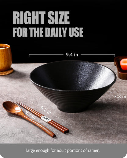 Lareina Ceramic Japanese Ramen Bowls, 2 Sets (6 Piece) 60 Ounce, Large Noodle Soup Bowl with Matching Chopsticks and Spoons for Asian Pho Udon Soba, Matting Black