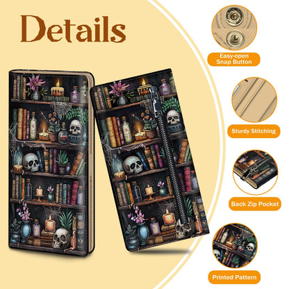 Immaturus Womens Wallet, Goth Skull Bookshelf Slim Thin RFID Blocking Credit Card Wallets, Long Bifold PU Leather Card Holder Organizer, Cash Clutch Billfold with Zipper Coin Pocket Ladies Girls Gift