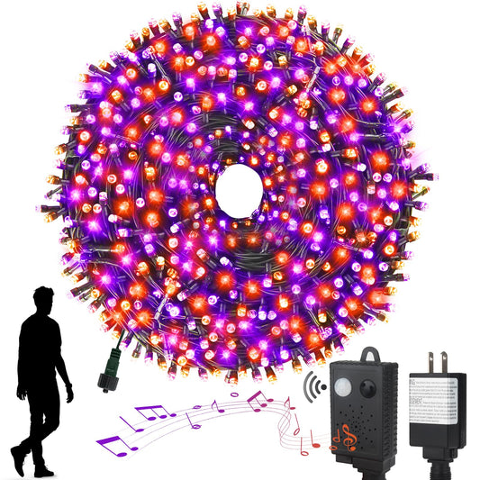 XTF2015 Halloween Lights, 105FT 300 LED Halloween String Lights with Spooky Music Motion Sensor Controller Twinkle Waterproof Purple Orange Light Plug in for Indoor Outdoor Tree Party Yard Room Decor