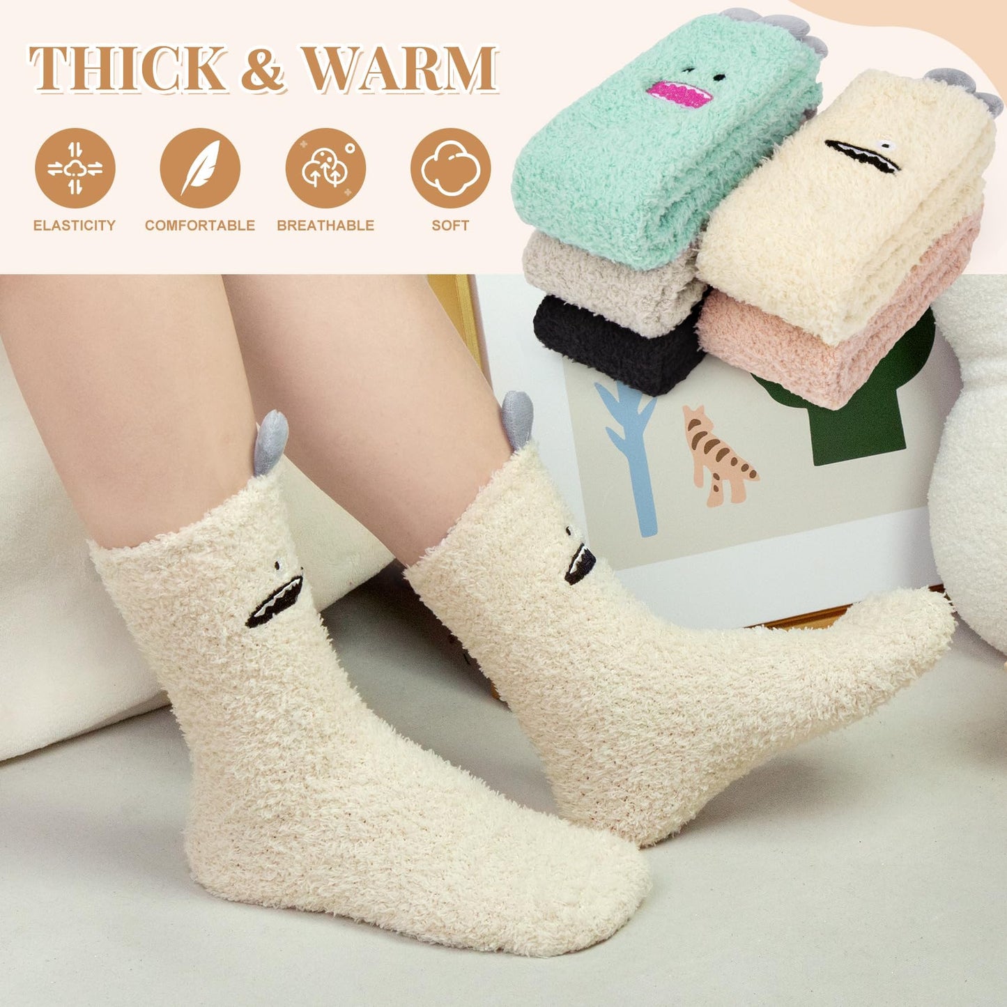 iCamter 5 Pairs Womens Fluffy Fuzzy Socks Cute Warm Winter Slipper Cozy Socks for Women