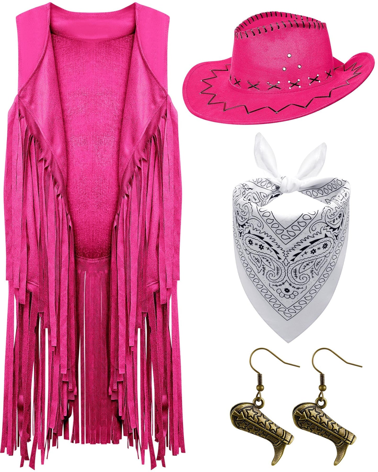 Xtinmee 4 Pcs Halloween Western Cowgirl Outfits Set Women Tassel Vest Cowboy Hat Dangle Drop Earring Paisley Bandana Dress up(Medium,Pink)