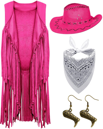 Xtinmee 4 Pcs Halloween Western Cowgirl Outfits Set Women Tassel Vest Cowboy Hat Dangle Drop Earring Paisley Bandana Dress up(Medium,Pink)