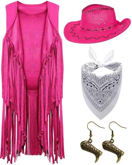 Xtinmee 4 Pcs Halloween Western Cowgirl Outfits Set Women Tassel Vest Cowboy Hat Dangle Drop Earring Paisley Bandana Dress up(Medium,Pink)