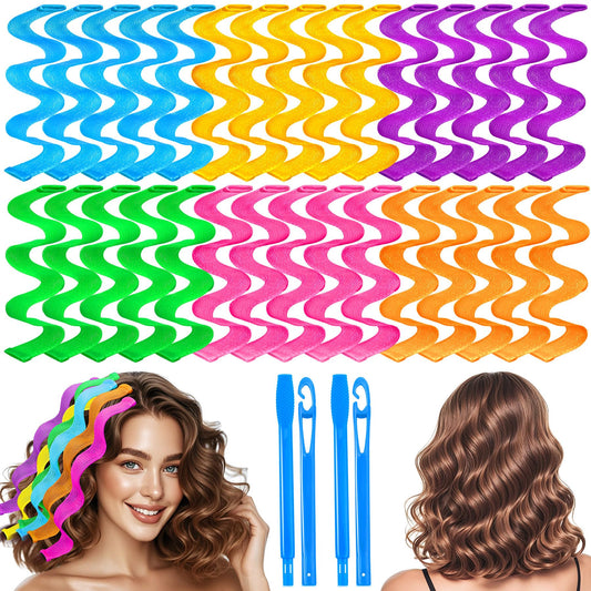 YEVYO 30 Pcs Heatless Hair Curlers Wave Curls Styling Kit with 2 Pcs Styling Hooks, No Heat Hair Curlers Heatless Wave Curlers for Women Girls Long Medium Short Hair (6 Colors, 30 cm/11.81 inch)