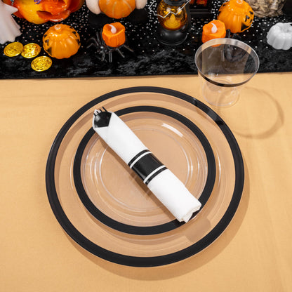 I00000 350 Pcs Clear and Black Plastic Plates,Black Dinnerware Set, Include 50 Dinner and 50 Dessert Plates,50 Plastic Cups,50 Per Rolled Napkins with Cutlery for Party,Wedding,Halloween