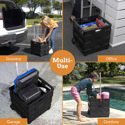 Inspired Living Ultra-Slim Rolling Collapsible Storage Pack-N-Roll Utility-carts, with Telescopic Handle, for Home, Garden, Shopping, Office, School use, Medium, Black