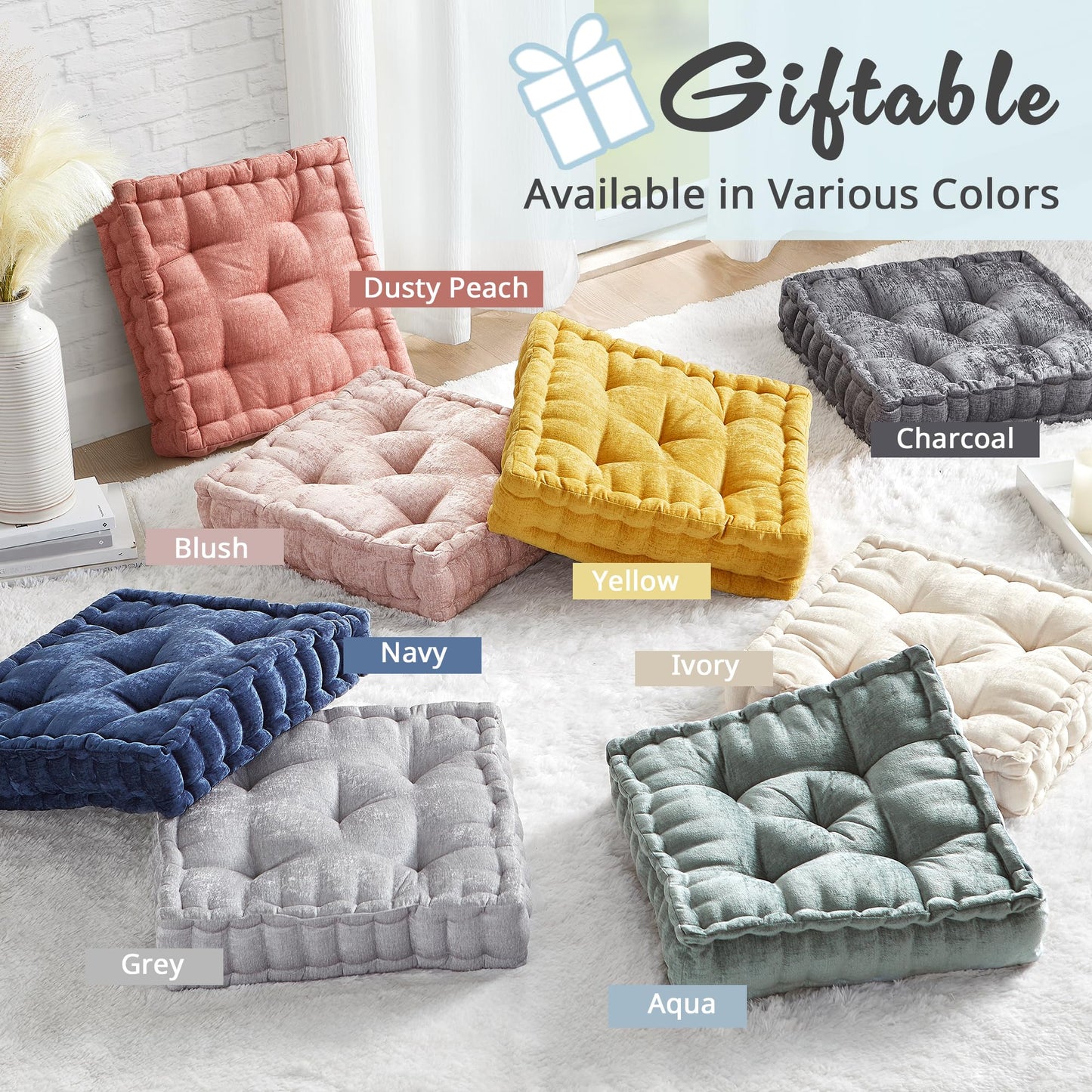 Intelligent Design Azza Floor Pillow, Large Cushions Sitting for Adults, Floor Pillow for Meditation or Yoga, Lustrous Chenille Tufted with Scalloped Edges for Bench/Chair Cushion, 20"x20"x5" Ivory