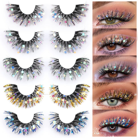 Zegaine Glitter Colored False Eyelashes Wispy 5 Pairs Dramatic Cat Eye Festival Lashes Pack 5 Styles