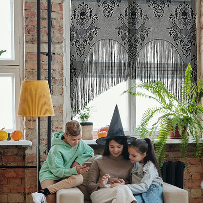 ZeeDix 2 Pcs Halloween Lace Skull Window Curtain- Black Tassel Door Curtain for Halloween Home Party Decorations, Party Supplies