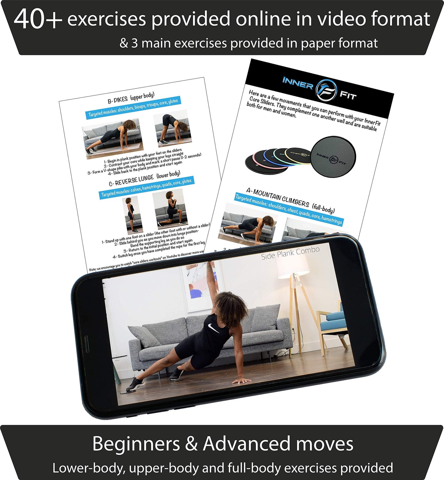 InnerFit Core Sliders for Working Out - Set of 2 Dual Sided Exercise Sliders Fitness Discs - Durable Strength Slides suitable for carpets and hardwood floors (Black & Grey)