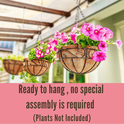 LaLaGreen Hanging Planter for Outdoor Plants (12 Inch, 2 Pack) Hanging Baskets with Coco Liner, Black Metal Wire Flower Basket Pots with Hook Hanger Balcony Porch Farmhouse Country Style Garden Decor