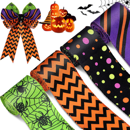 4 Rolls 20 Yards Halloween Wired Edge Ribbon Spider Web Printed Grosgrain Ribbons Halloween Theme Holiday DIY Craft Wrapping Ribbon for Home Party Decor