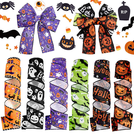 Yuxung 6 Rolls 30 Yards Halloween Wired Edge Ribbon for Wreaths Bat Spider Web Pumpkin Print Grosgrain Ribbon Ghost Witch Hat and Leg Ribbon Halloween Party Decorative Ribbon Supplies