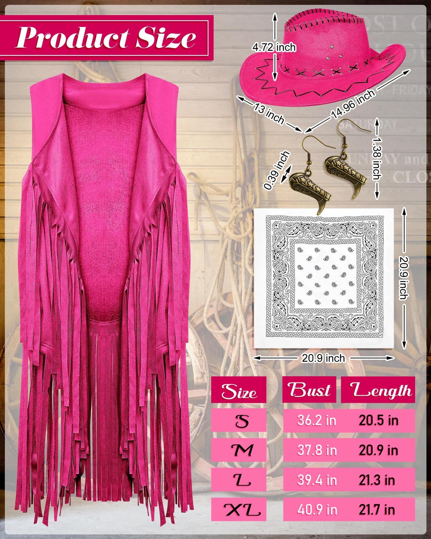 Xtinmee 4 Pcs Halloween Western Cowgirl Outfits Set Women Tassel Vest Cowboy Hat Dangle Drop Earring Paisley Bandana Dress up(Medium,Pink)