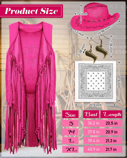 Xtinmee 4 Pcs Halloween Western Cowgirl Outfits Set Women Tassel Vest Cowboy Hat Dangle Drop Earring Paisley Bandana Dress up(Medium,Pink)