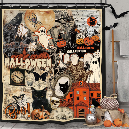 Yookeb Halloween Gothic Cat Bathroom Shower Curtain 60W by 71H Inch Pumpkin Vintage Ghost Skull Horror Scary Retro Spooky Accessory Polyester 12 Hooks Waterproof Decor