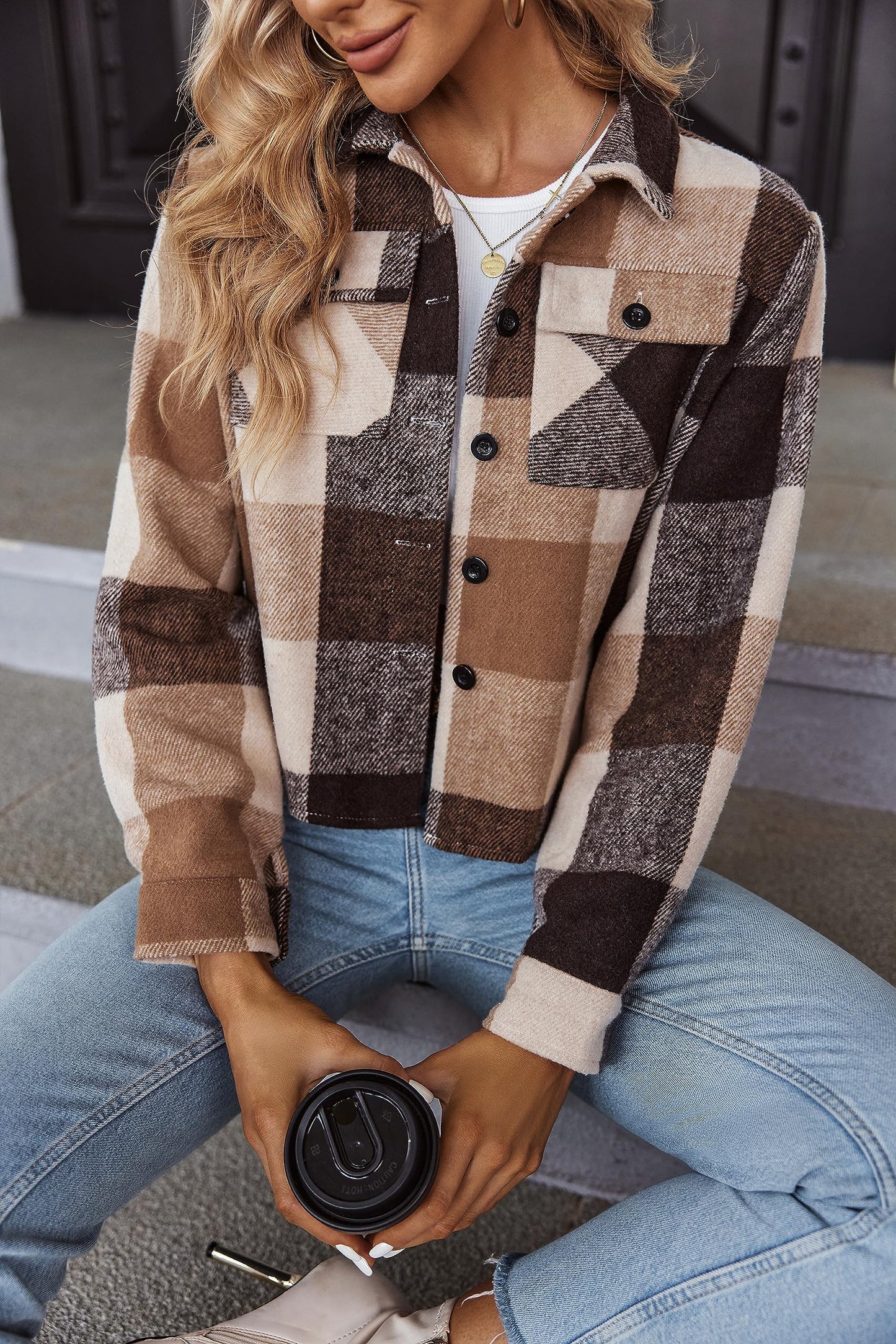 Zeagoo Cropped Jacket Women Flannel Plaid Button Shirt Wool Blend 2025 Fall Warm Shacket Halloween Tops