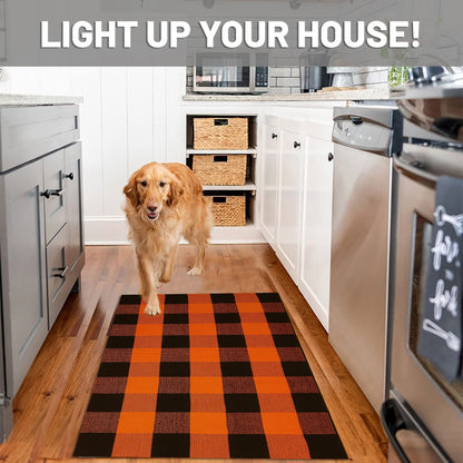 IOHOUZE Fall Buffalo Plaid Check Rug Outdoor Doormat 27.5 x 43 Inches Washable Woven Outdoor Indoor Welcome Mats for Front Door/Farmhouse/Entryway/Home Entrance Black and Orange Outdoor Rug