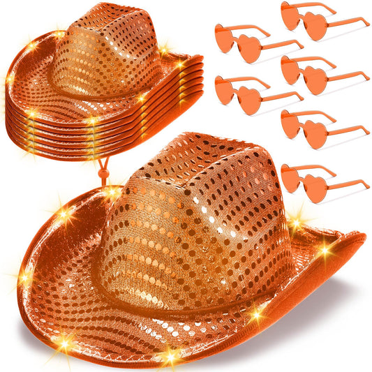 Zhanmai 6 Set LED Cowboy Hat Light Up Glitter Cowboy Hat with Sunglasses Sequin Space Cowgirl Hat for Women Men Costume (Orange)