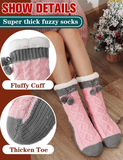 Womens Slipper Fuzzy Socks Fluffy Winter Thermal Warm Thick Cozy Plush Non Slip Grips Christmas Socks Stocking Stuffers for Women White Elephant Valentines Mothers Day Gifts for Mom(Grey Pink)