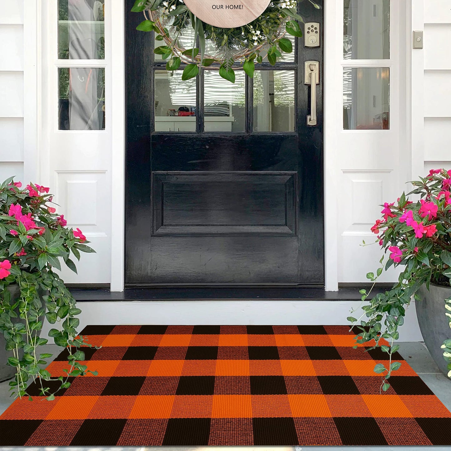 IOHOUZE Fall Buffalo Plaid Check Rug Outdoor Doormat 27.5 x 43 Inches Washable Woven Outdoor Indoor Welcome Mats for Front Door/Farmhouse/Entryway/Home Entrance Black and Orange Outdoor Rug