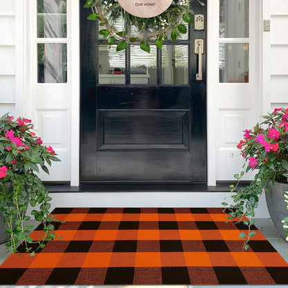 IOHOUZE Fall Buffalo Plaid Check Rug Outdoor Doormat 27.5 x 43 Inches Washable Woven Outdoor Indoor Welcome Mats for Front Door/Farmhouse/Entryway/Home Entrance Black and Orange Outdoor Rug