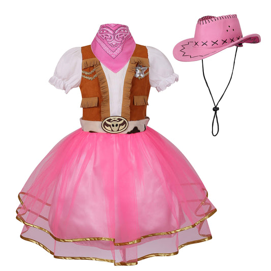yolsun Cowgirl Costume for Girls Western Cowgirl Outfit with Hat and Bandanna Halloween Theme Party and Role Play (3-4 Years, Pink)
