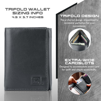 ID Stronghold Men's Leather Trifold Wallet - RFID Blocking - Black Wallet with Gift Box