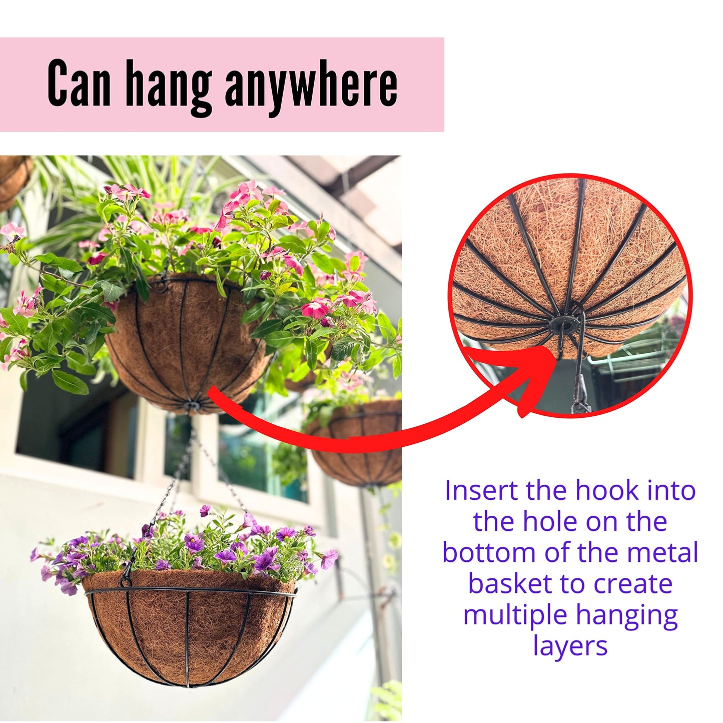 LaLaGreen Hanging Planters with Coco Liners (12 Inch, 3 Pack) Hanging Baskets for Plant Outdoor, Hanging Plant Pot Flower Metal Wire Round Holder Hanger Hook Chain Deck Porch Garden Balcony Boho Decor