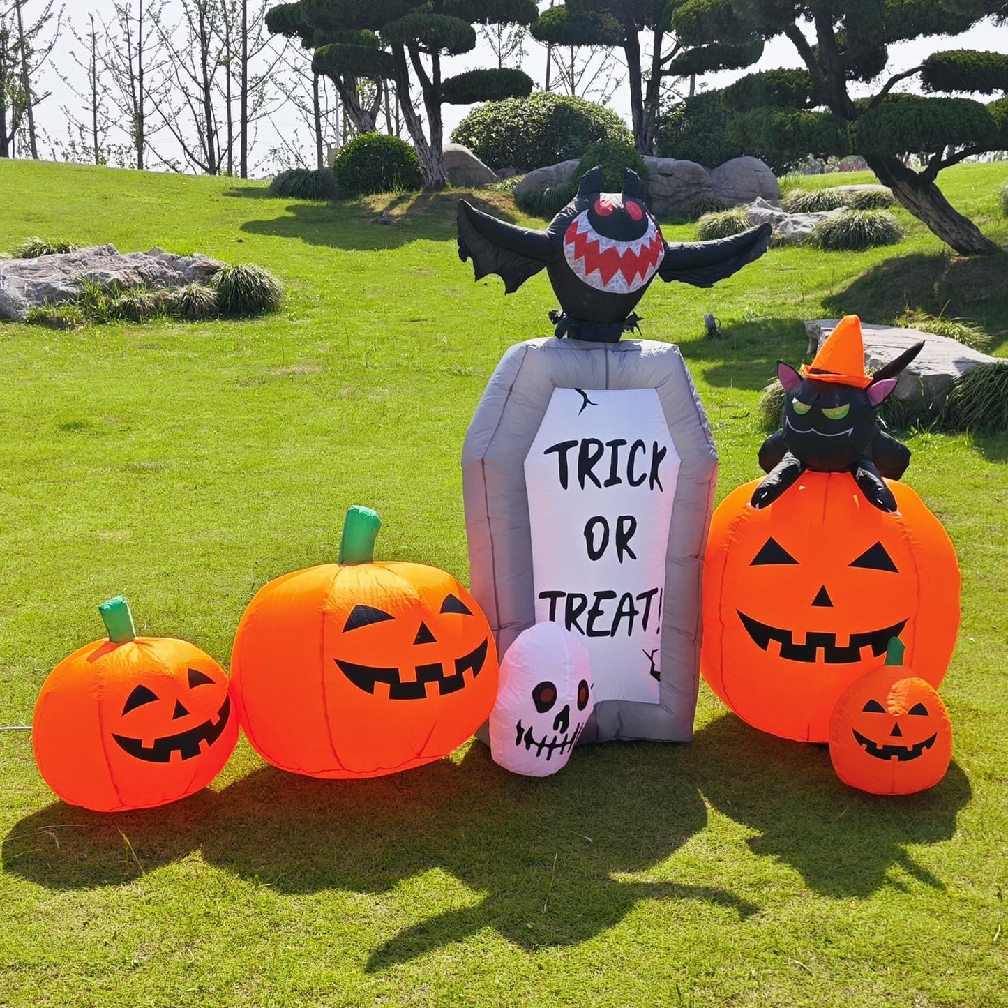 YOUBEMAGIC 7FT Long Halloween Inflatable Pumpkin Patch with Tombstone & Black Cat & Bat, Blow up Halloween Inflatable with Build-in LED Lights Outdoor Decorations Large Party Yard Decoration