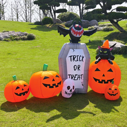 YOUBEMAGIC 7FT Long Halloween Inflatable Pumpkin Patch with Tombstone & Black Cat & Bat, Blow up Halloween Inflatable with Build-in LED Lights Outdoor Decorations Large Party Yard Decoration